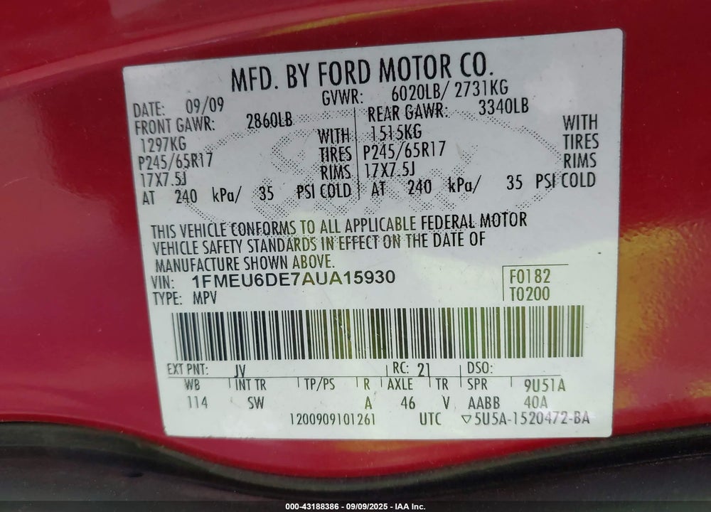 2010 FORD EXPLORER XLT VIN: 1FMEU6DE7AUA15930