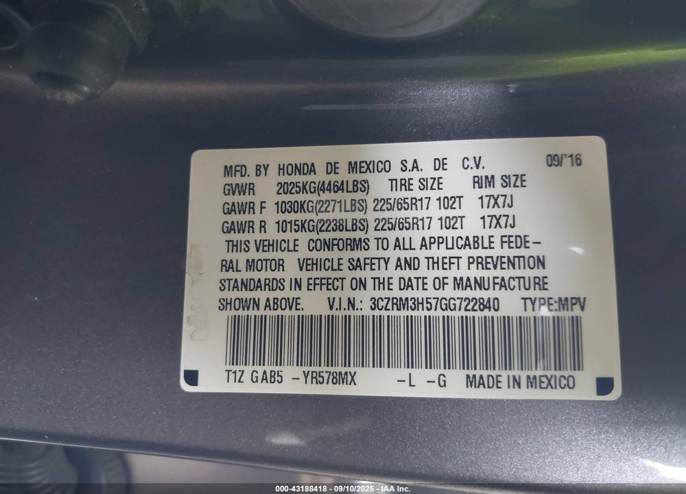 2016 HONDA CR-V VIN: 3CZRM3H57GG722840