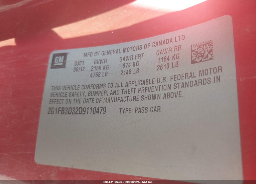 2013 CHEVROLET CAMARO VIN: 2G1FB3D32D9110479