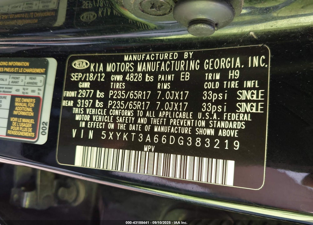 2013 KIA SORENTO VIN: 5XYKT3A66DG383219