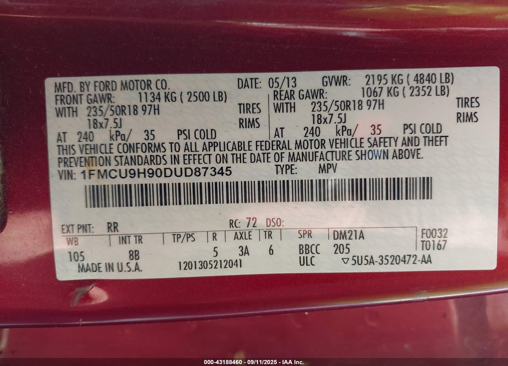 2013 FORD ESCAPE VIN: 1FMCU9H90DUD87345