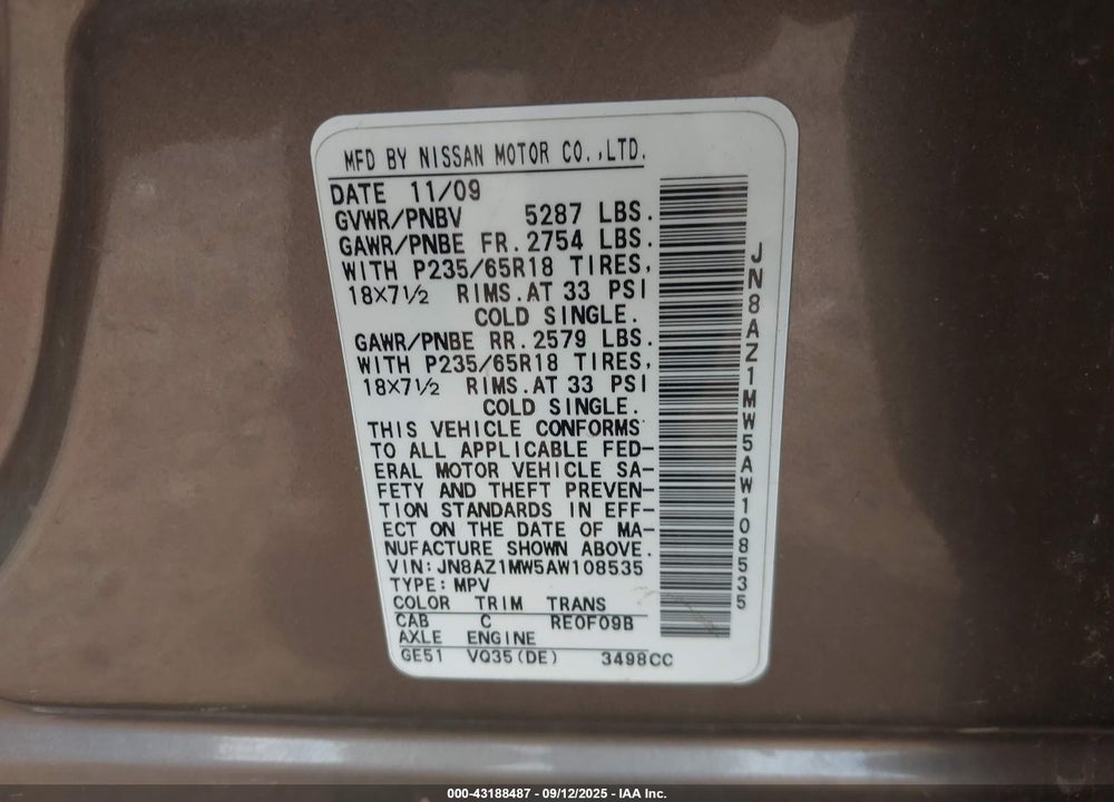 2010 NISSAN MURANO VIN: JN8AZ1MW5AW108535