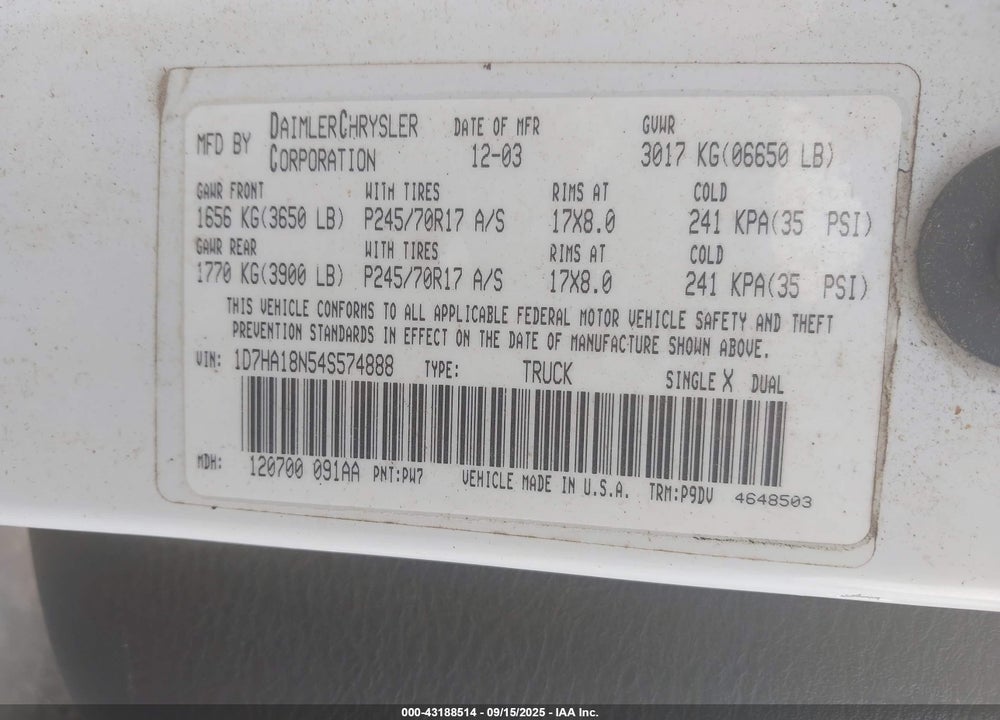 2004 DODGE RAM 1500 ST VIN: 1D7HA18N54S574888
