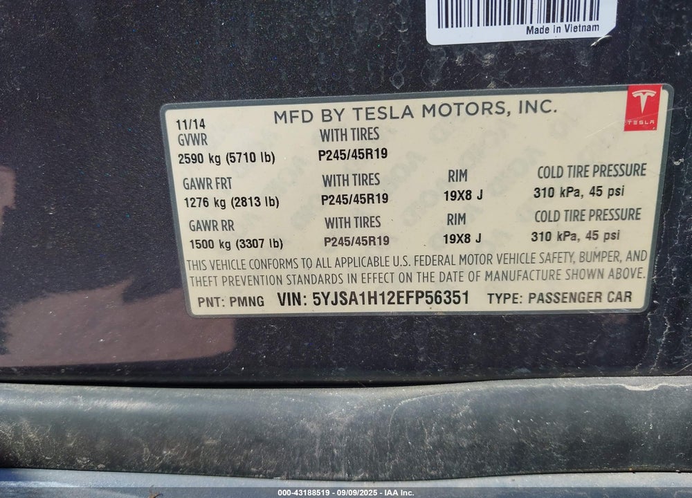 2014 TESLA MODEL S VIN: 5YJSA1H12EFP56351