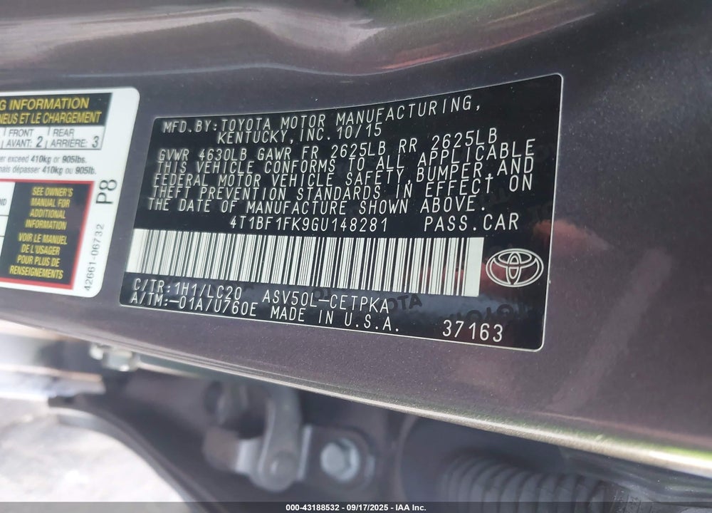 2016 TOYOTA CAMRY VIN: 4T1BF1FK9GU148281