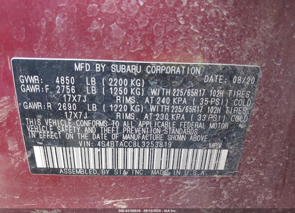 2020 SUBARU OUTBACK VIN: 4S4BTACC8L3253819