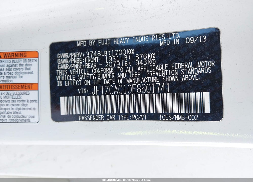 2014 SUBARU BRZ LIMITED VIN: JF1ZCAC10E8601741
