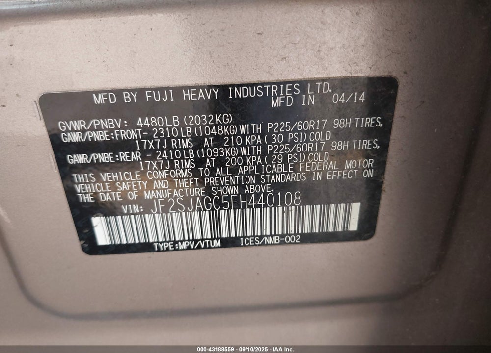 2015 SUBARU FORESTER 2.5I PREMIUM VIN: JF2SJAGC5FH440108