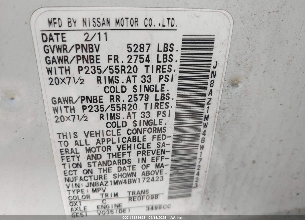 2011 NISSAN MURANO VIN: JN8AZ1MW4BW172423