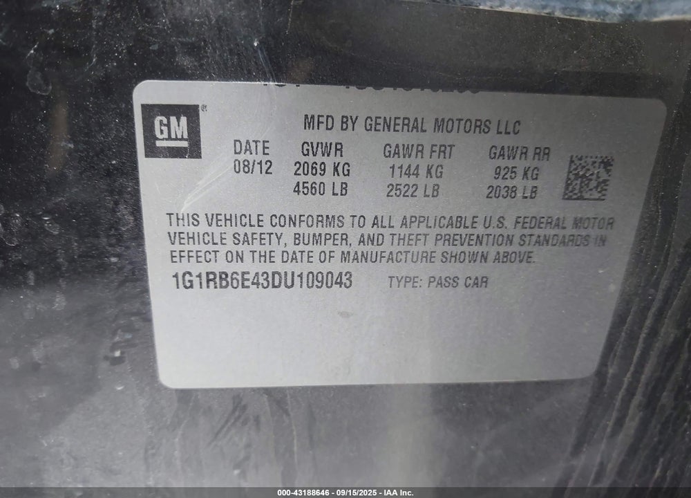 2013 CHEVROLET VOLT VIN: 1G1RB6E43DU109043