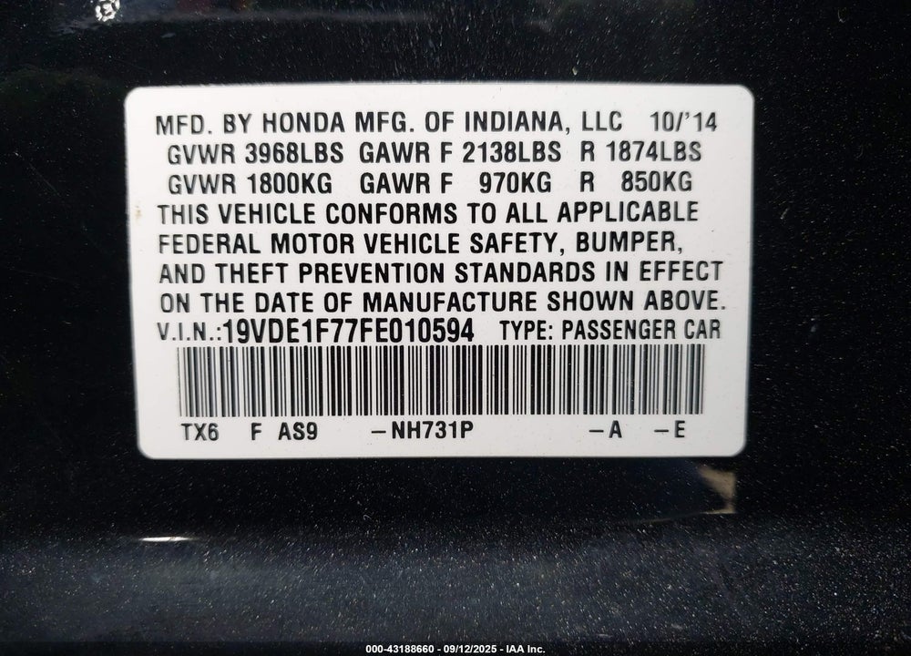 2015 ACURA ILX 2.0L VIN: 19VDE1F77FE010594