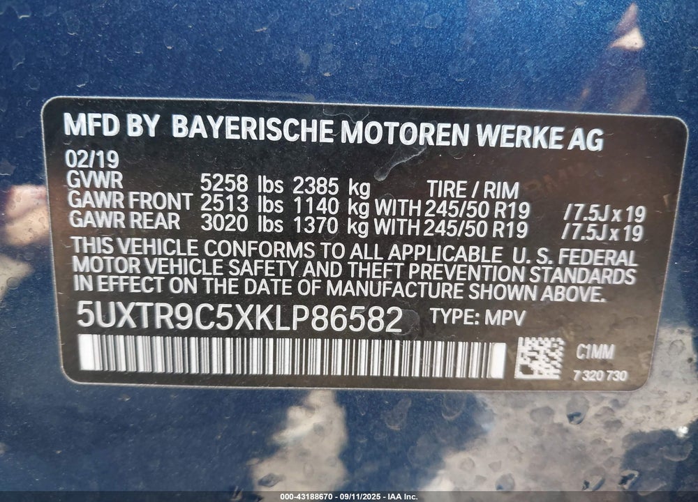 2019 BMW X3 XDRIVE30I VIN: 5UXTR9C5XKLP86582