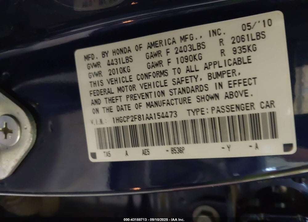 2010 HONDA ACCORD 2.4 EX-L VIN: 1HGCP2F81AA154473