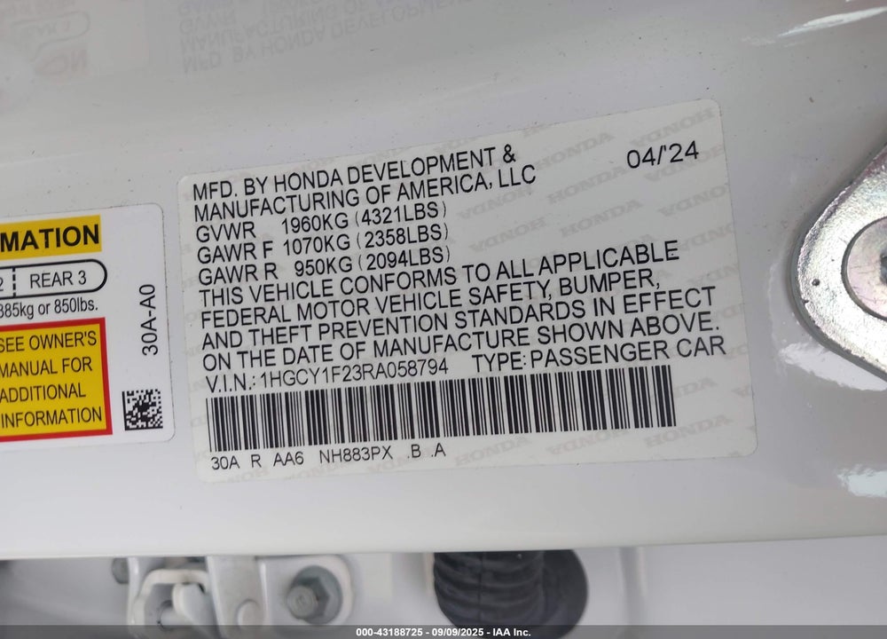 2024 HONDA ACCORD VIN: 1HGCY1F23RA058794