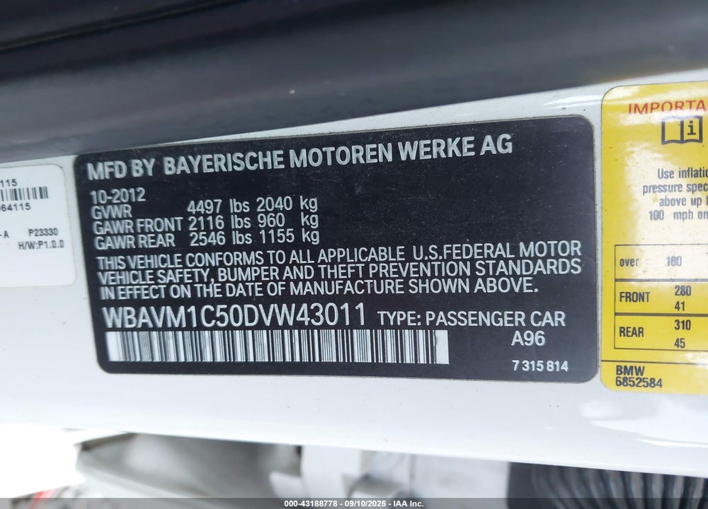 2013 BMW X1 SDRIVE28I VIN: WBAVM1C50DVW43011