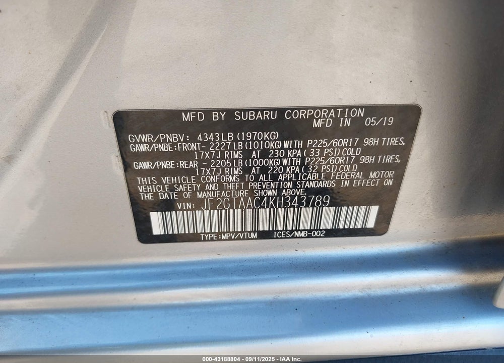 2019 SUBARU CROSSTREK VIN: JF2GTAAC4KH343789