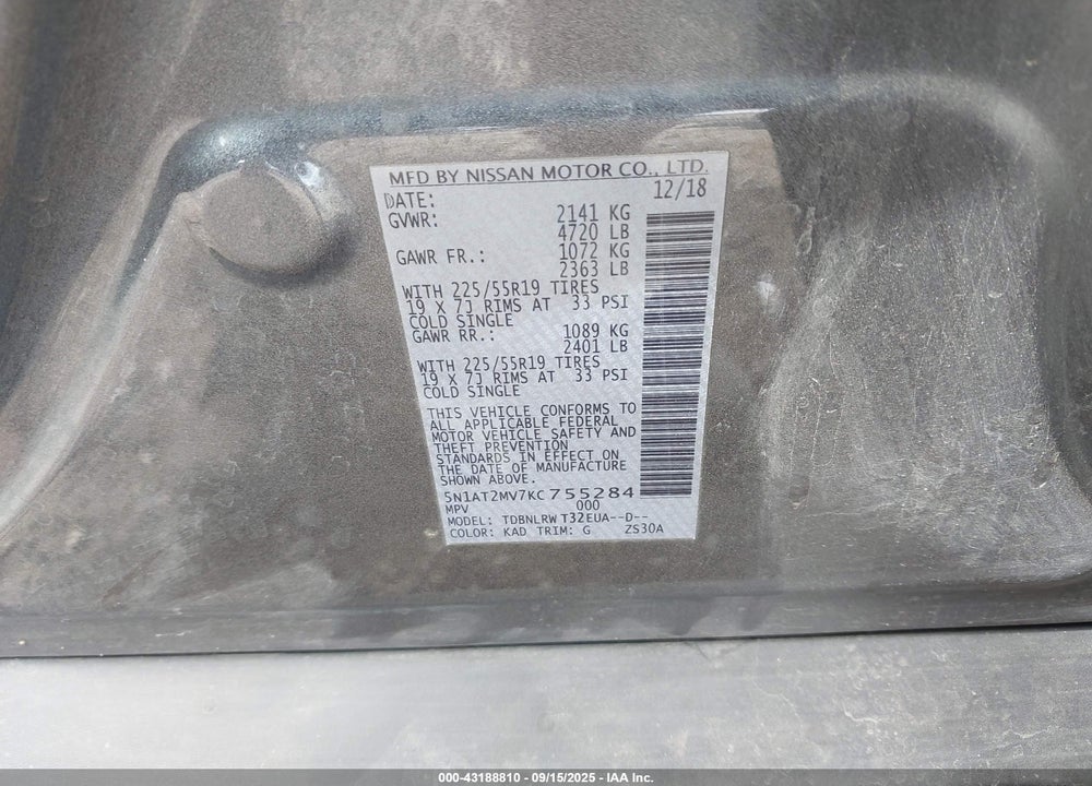 2019 NISSAN ROGUE VIN: 5N1AT2MV7KC755284