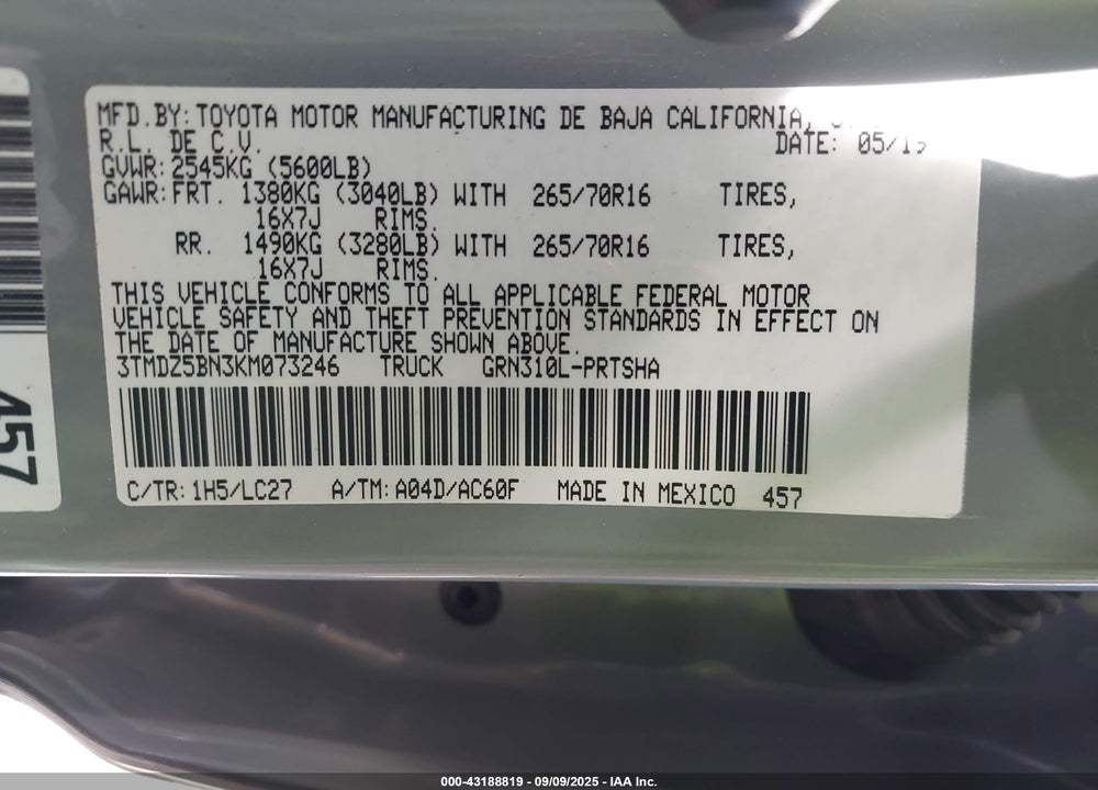 2019 TOYOTA TACOMA VIN: 3TMDZ5BN3KM073246
