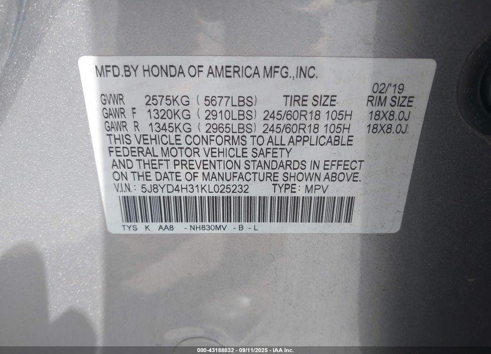 2019 ACURA MDX VIN: 5J8YD4H31KL025232