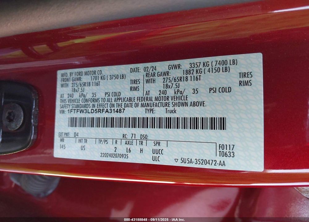 2024 FORD F-150 VIN: 1FTFW3LD5RFA31487