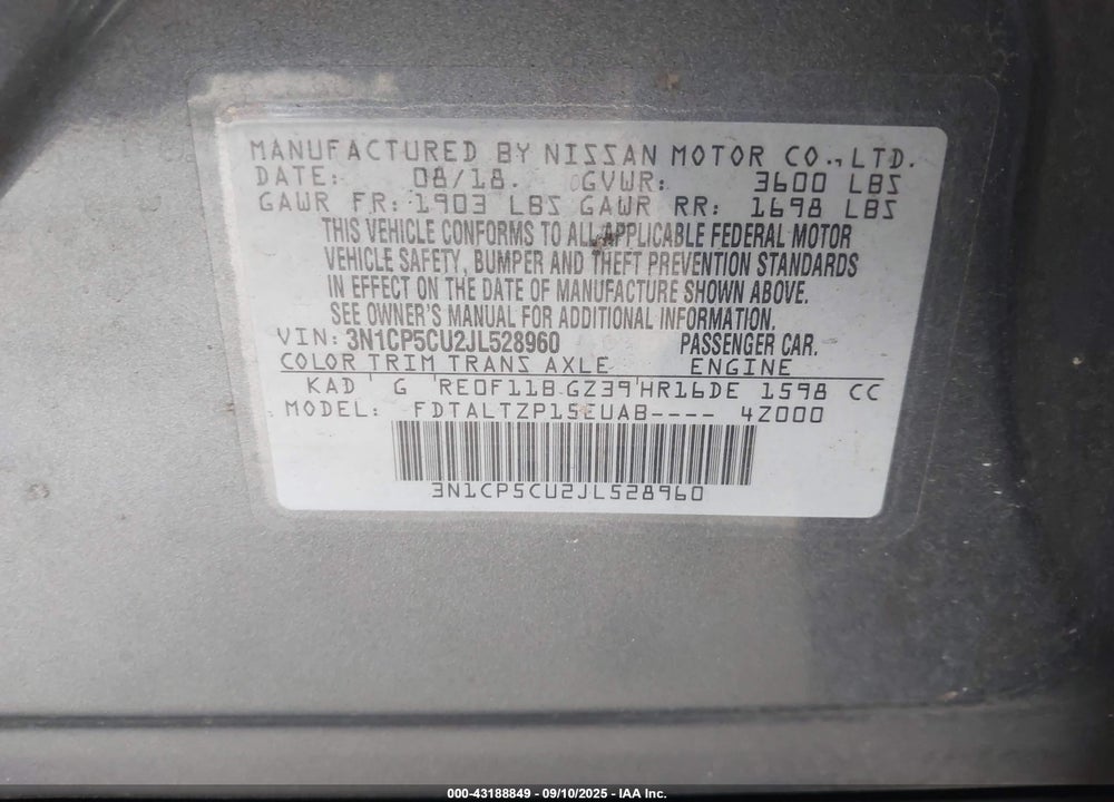 2018 NISSAN KICKS VIN: 3N1CP5CU2JL528960