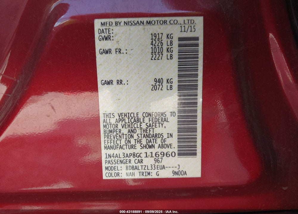 2016 NISSAN ALTIMA 2.5 SL VIN: 1N4AL3AP8GC116960