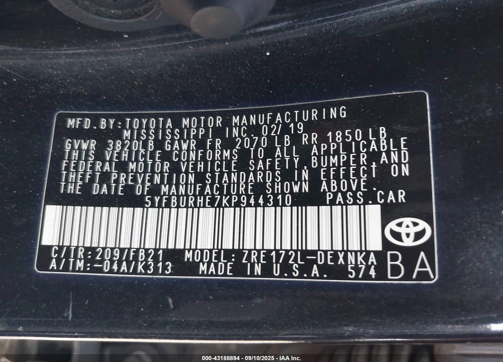 2019 TOYOTA COROLLA VIN: 5YFBURHE7KP944310