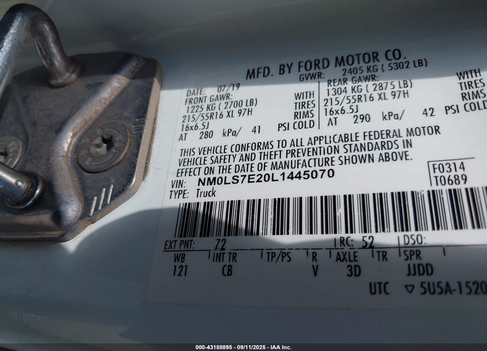 2020 FORD TRANSIT CONNECT XL VIN: NM0LS7E20L1445070
