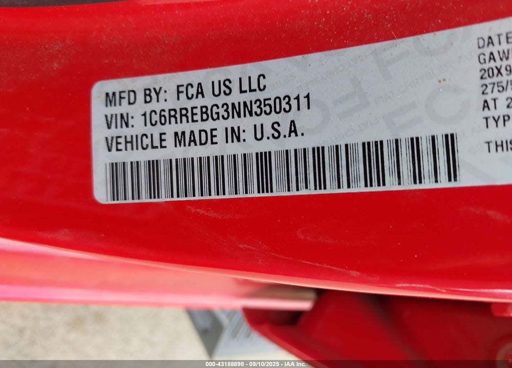2022 RAM 1500 BIG HORN 4X2 6'4 BOX VIN: 1C6RREBG3NN350311