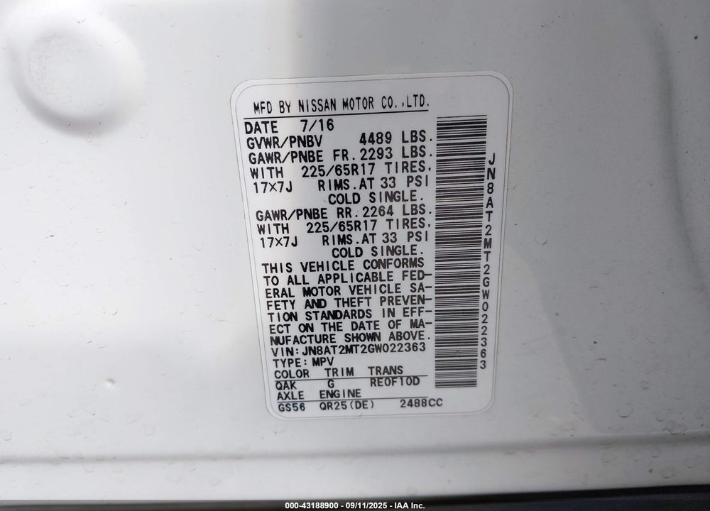 2016 NISSAN ROGUE VIN: JN8AT2MT2GW022363
