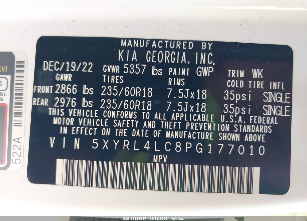 2023 KIA SORENTO VIN: 5XYRL4LC8PG177010