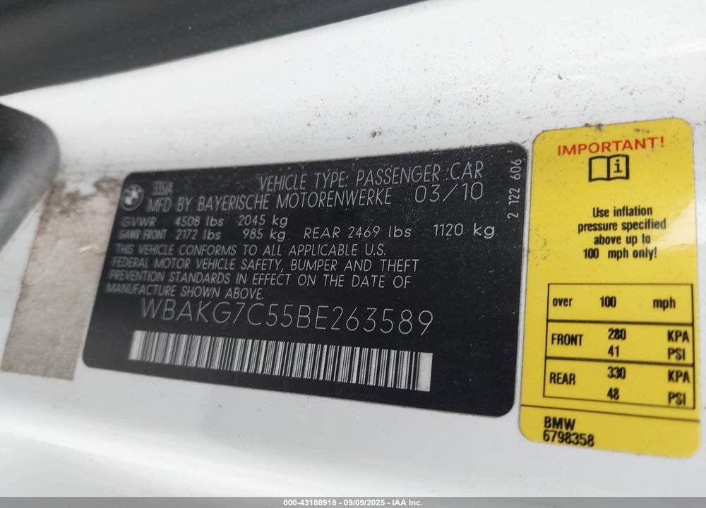 2011 BMW 335I VIN: WBAKG7C55BE263589