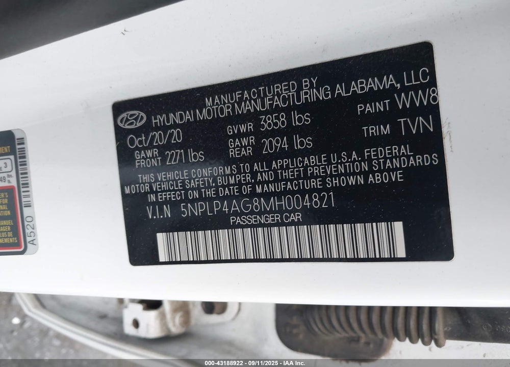 2021 HYUNDAI ELANTRA LIMITED VIN: 5NPLP4AG8MH004821
