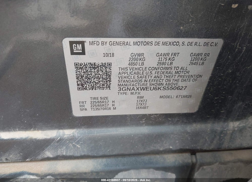 2019 CHEVROLET EQUINOX VIN: 3GNAXWEU6KS550627