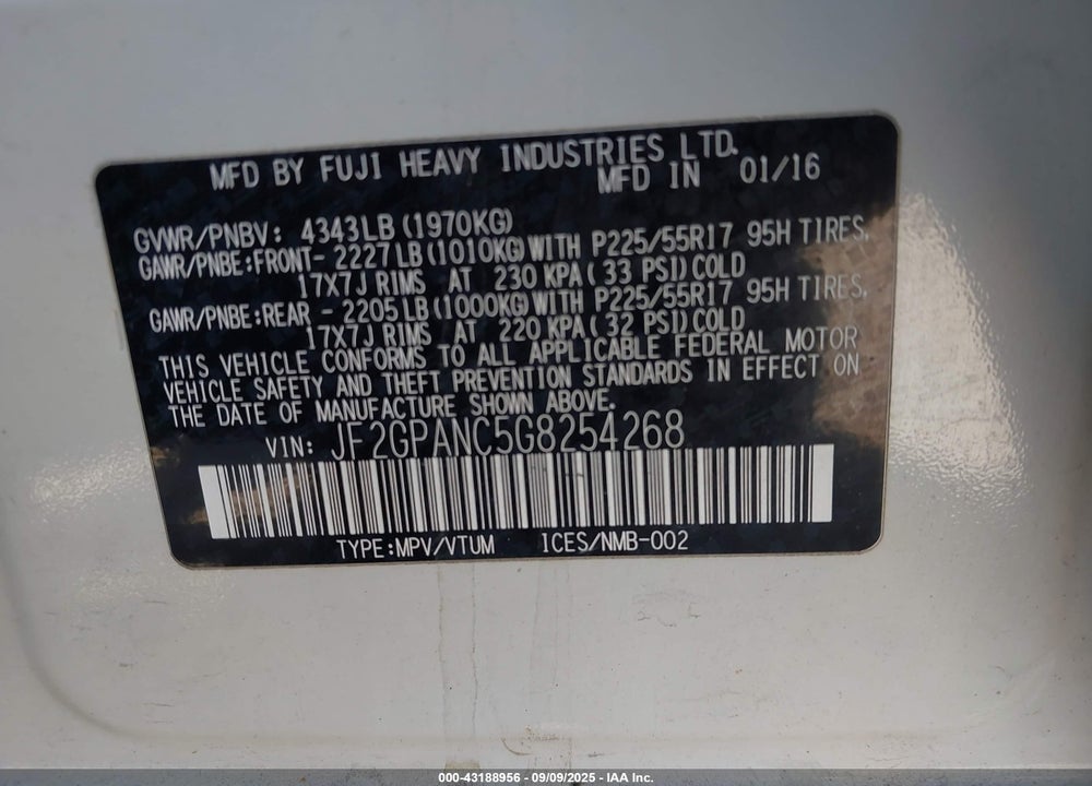 2016 SUBARU CROSSTREK VIN: JF2GPANC5G8254268