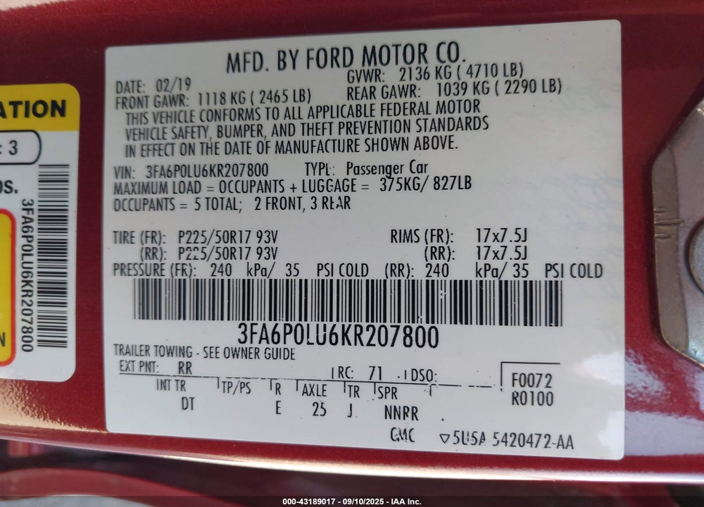 2019 FORD FUSION VIN: 3FA6P0LU6KR207800