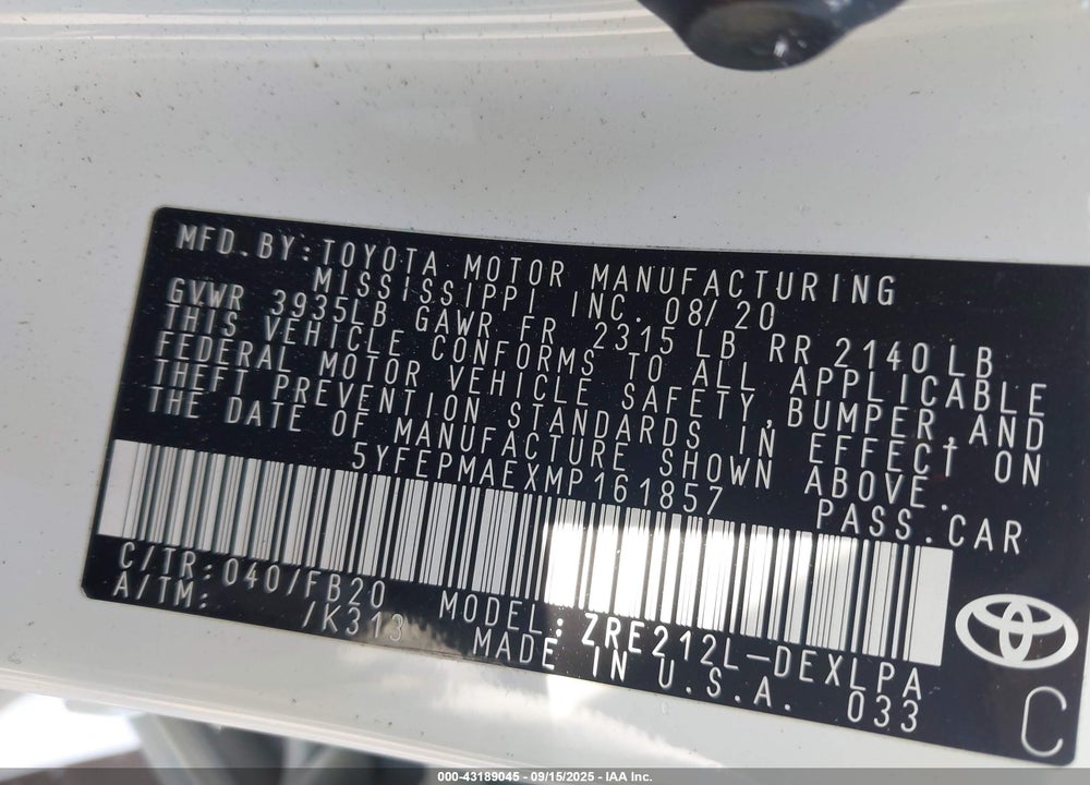 2021 TOYOTA COROLLA VIN: 5YFEPMAEXMP161857