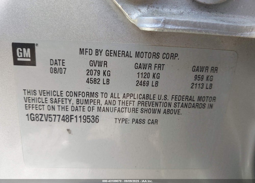 2008 SATURN AURA XR VIN: 1G8ZV57748F119536