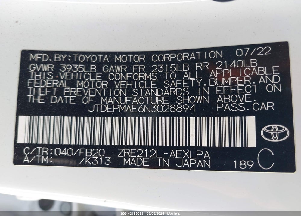 2022 TOYOTA COROLLA LE VIN: JTDEPMAE6N3028894