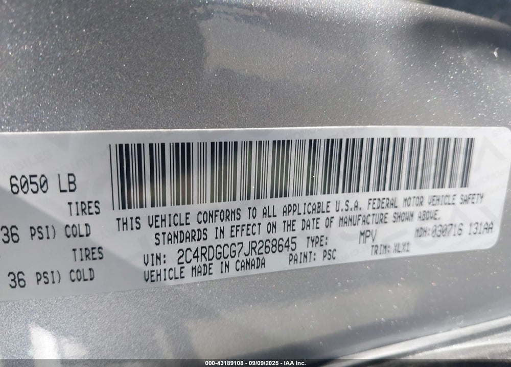 2018 DODGE GRAND CARAVAN VIN: 2C4RDGCG7JR268645