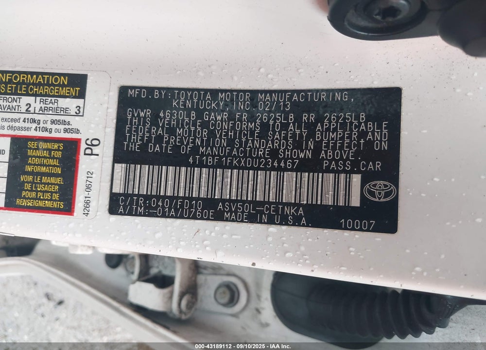 2013 TOYOTA CAMRY VIN: 4T1BF1FKXDU234467