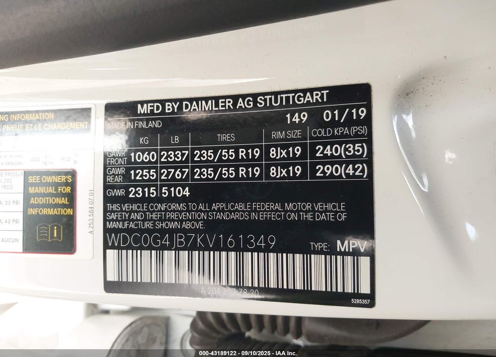 2019 MERCEDES-BENZ GLC CLASS VIN: WDC0G4JB7KV161349