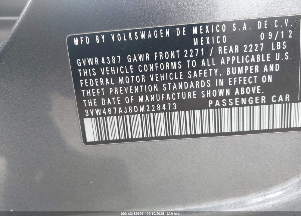2013 VOLKSWAGEN JETTA VIN: 3VW467AJ8DM228473