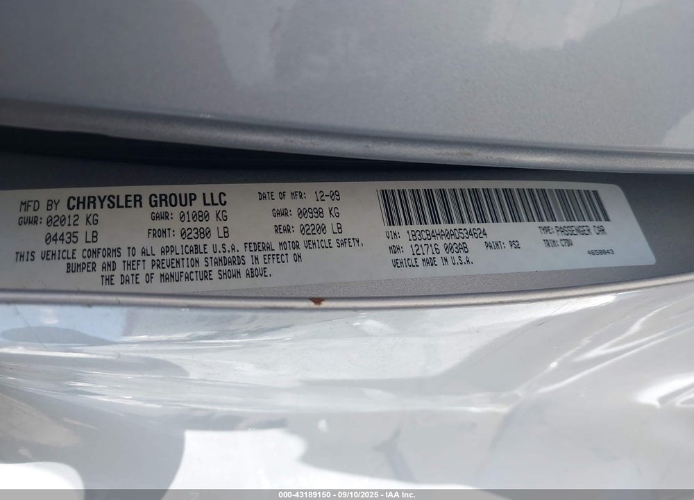2010 DODGE CALIBER SXT VIN: 1B3CB4HA0AD534624