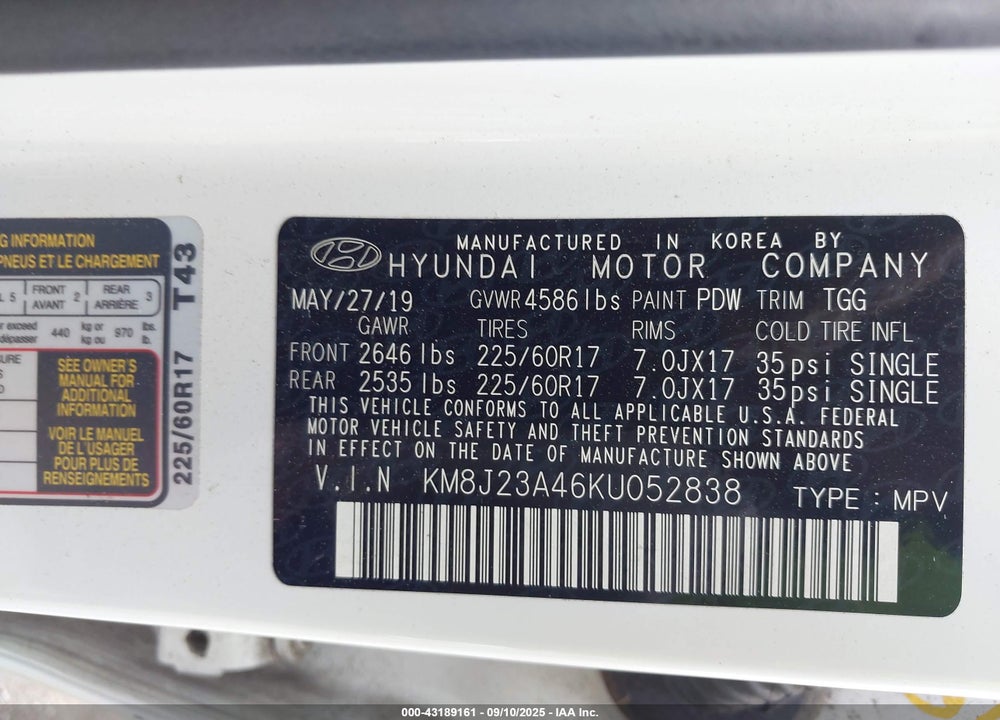 2019 HYUNDAI TUCSON SE VIN: KM8J23A46KU052838