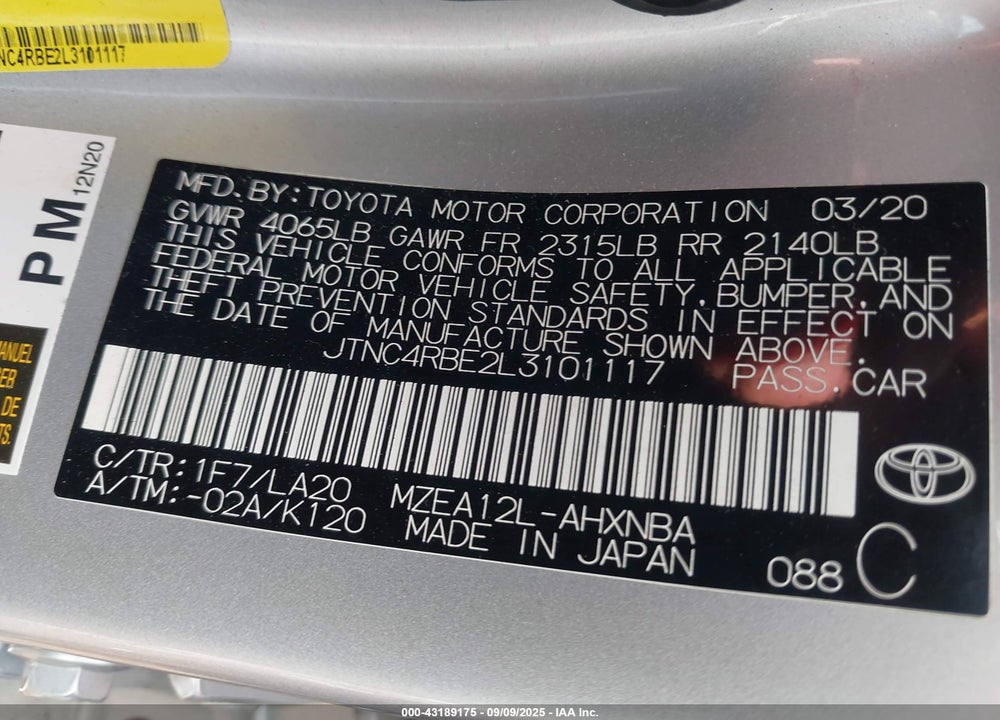 2020 TOYOTA COROLLA XSE VIN: JTNC4RBE2L3101117