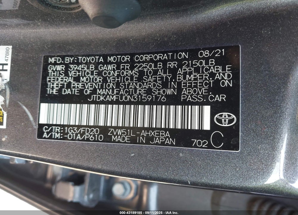 2022 TOYOTA PRIUS VIN: JTDKAMFU0N3159176