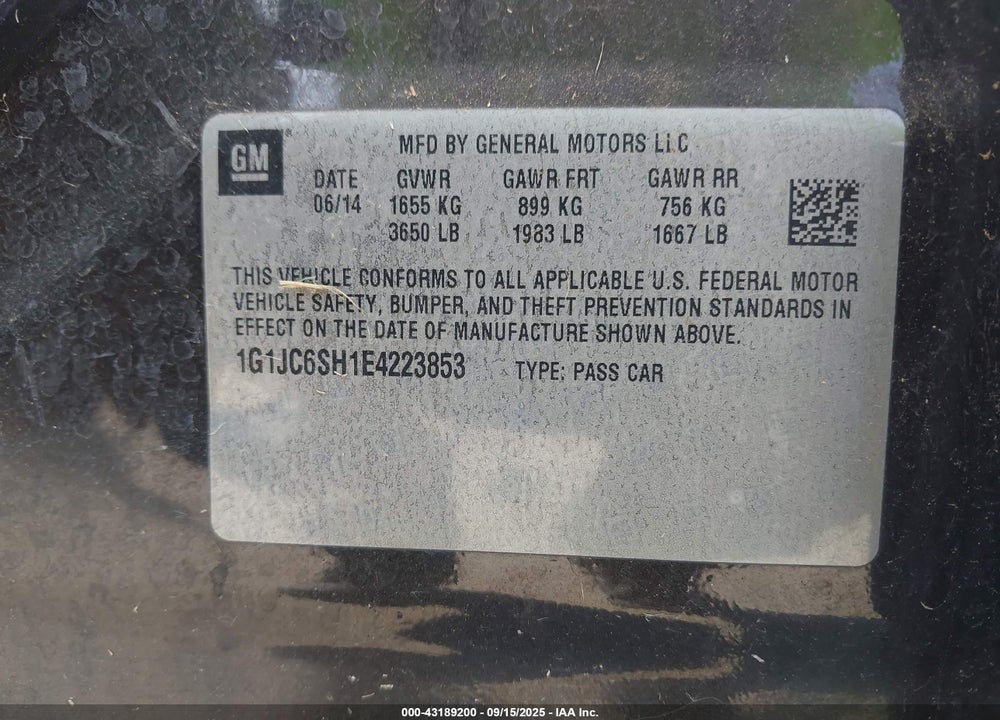 2014 CHEVROLET SONIC VIN: 1G1JC6SH1E4223853