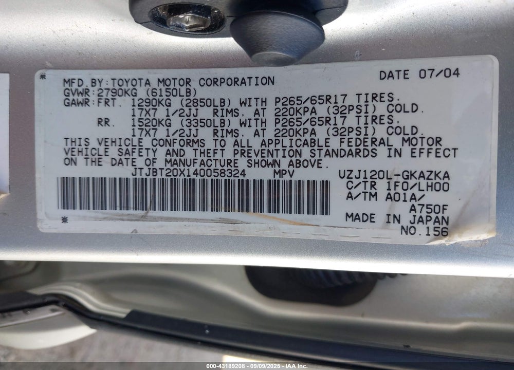 2004 LEXUS GX 470 VIN: JTJBT20X140058324
