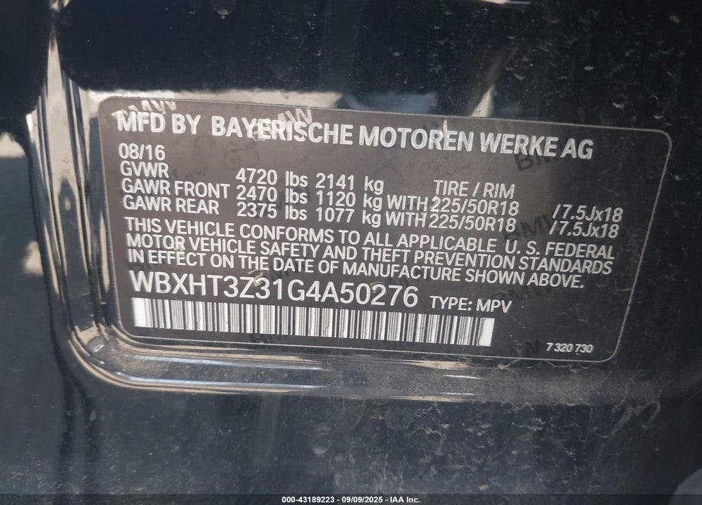 2016 BMW X1 VIN: WBXHT3Z31G4A50276